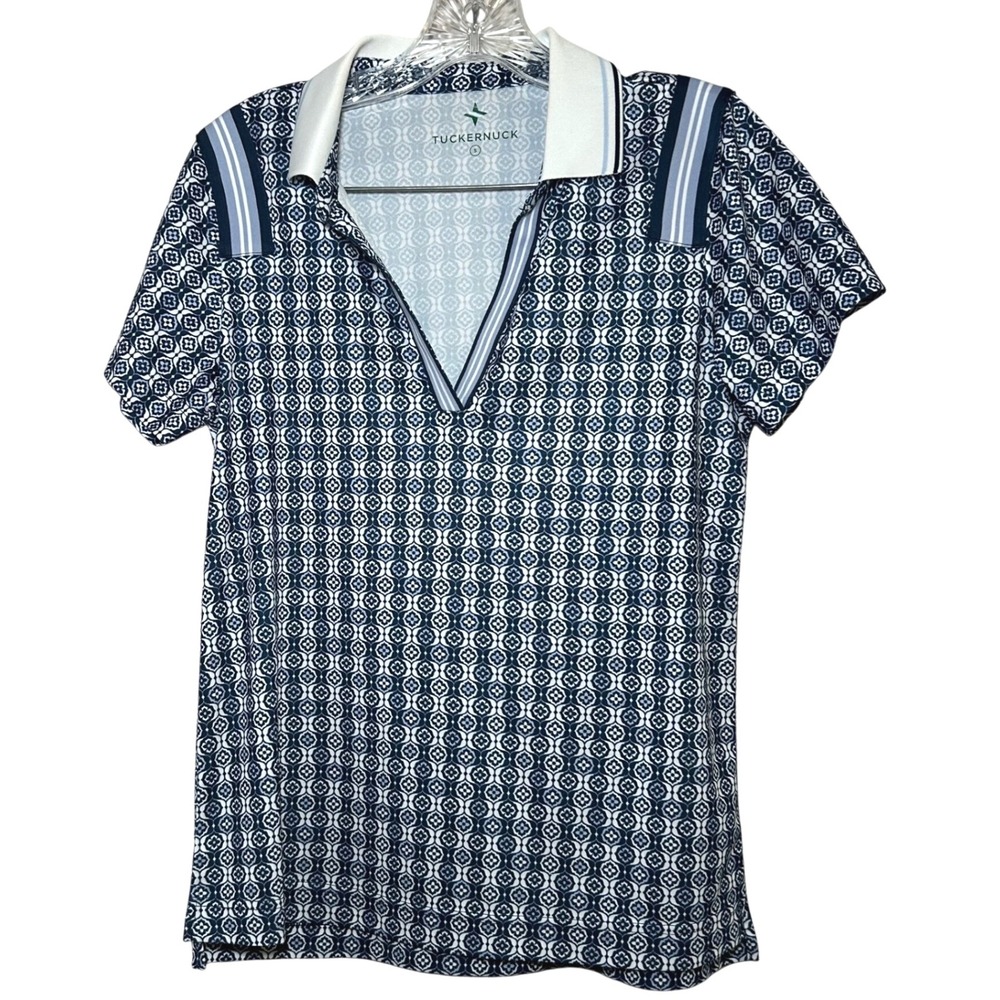 Tuckernuck Womens Size S Geometric Print Short Sleeve Polo Shirt Blue White